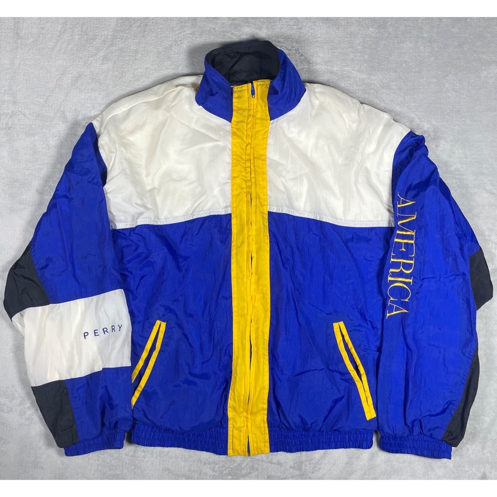 Vintage Perry Ellis America Jacket Men M Blue Yellow Colorblock Full Zip Nylon